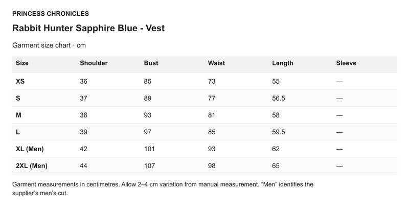 Princess Chronicles Rabbit Hunter Sapphire Blue - Vest - English garment measurements in centimetres