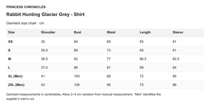 Princess Chronicles Rabbit Hunting Glacier Grey - Shirt - English garment measurements in centimetres