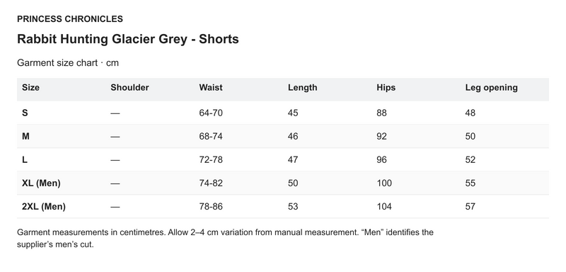Princess Chronicles Rabbit Hunting Glacier Grey - Shorts - English garment measurements in centimetres