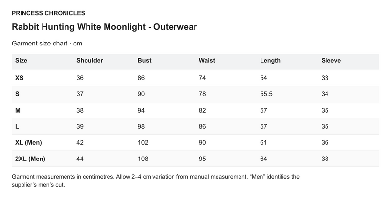Princess Chronicles Rabbit Hunting White Moonlight - Outerwear - English garment measurements in centimetres