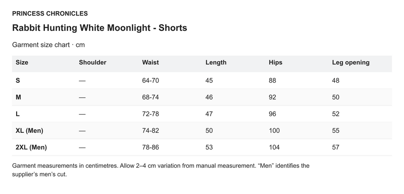 Princess Chronicles Rabbit Hunting White Moonlight - Shorts - English garment measurements in centimetres