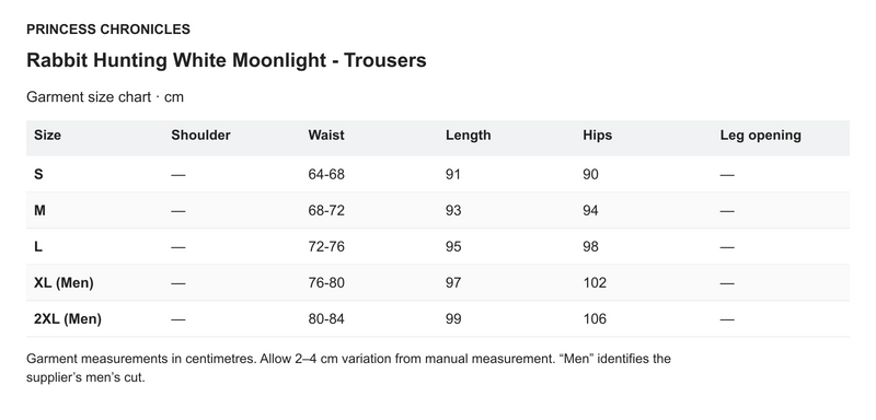 Princess Chronicles Rabbit Hunting White Moonlight - Trousers - English garment measurements in centimetres