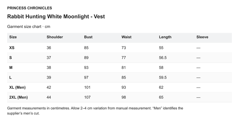 Princess Chronicles Rabbit Hunting White Moonlight - Vest - English garment measurements in centimetres