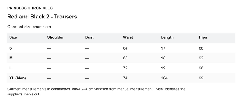 Princess Chronicles Red and Black 2 - Trousers - English garment measurements in centimetres