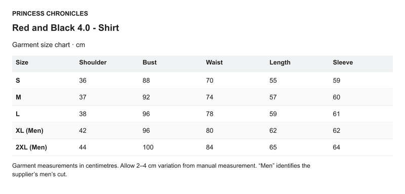 Princess Chronicles Red and Black 4.0 - Shirt - English garment measurements in centimetres