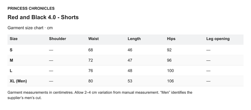 Princess Chronicles Red and Black 4.0 - Shorts - English garment measurements in centimetres