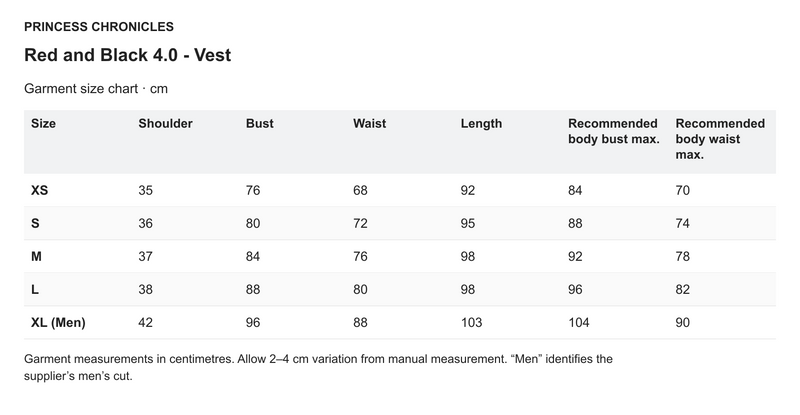 Princess Chronicles Red and Black 4.0 - Vest - English garment measurements in centimetres