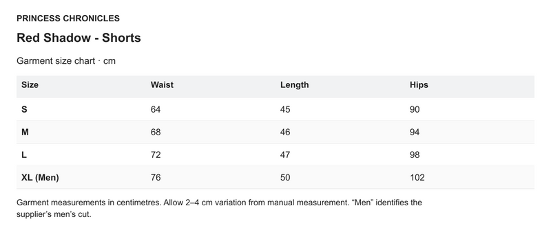 Princess Chronicles Red Shadow - Shorts - English garment measurements in centimetres