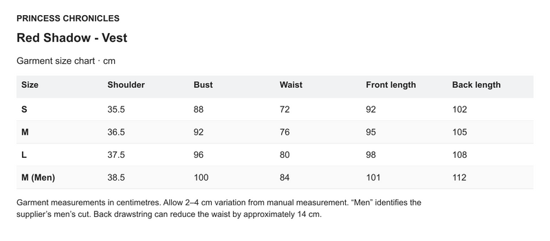 Princess Chronicles Red Shadow - Vest - English garment measurements in centimetres