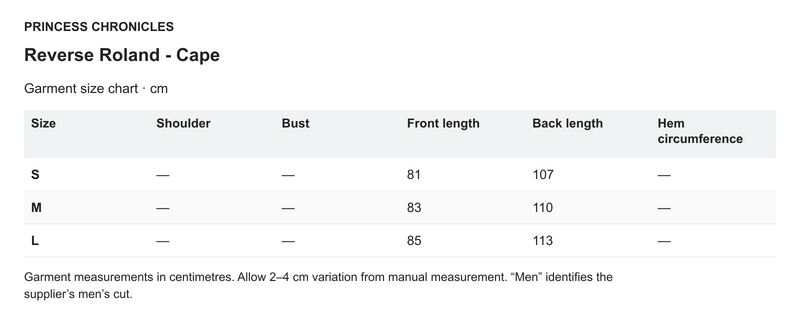 Princess Chronicles Reverse Roland - Cape - English garment measurements in centimetres