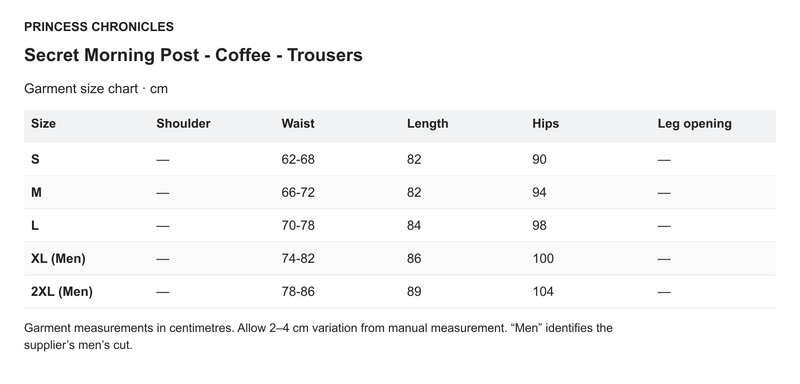 Princess Chronicles Secret Morning Post - Coffee - Trousers - English garment measurements in centimetres