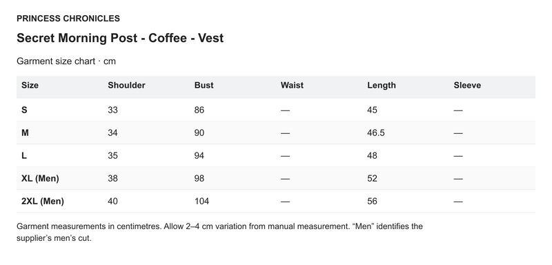 Princess Chronicles Secret Morning Post - Coffee - Vest - English garment measurements in centimetres