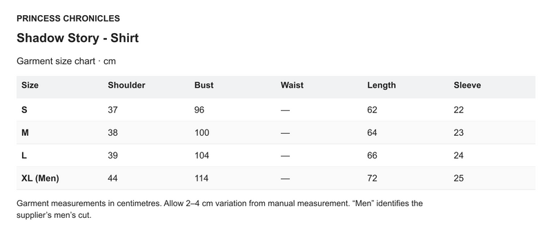 Princess Chronicles Shadow Story - Shirt - English garment measurements in centimetres