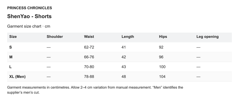 Princess Chronicles ShenYao - Shorts - English garment measurements in centimetres