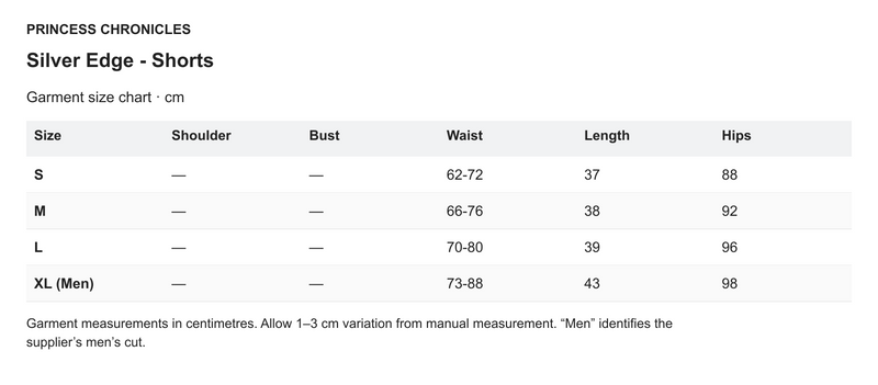 Princess Chronicles Silver Edge - Shorts - English garment measurements in centimetres