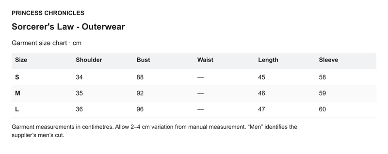 Princess Chronicles Sorcerer's Law - Outerwear - English garment measurements in centimetres
