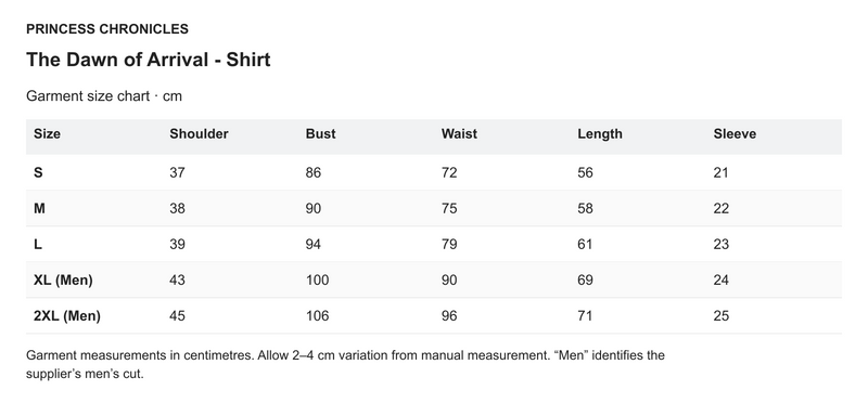 Princess Chronicles The Dawn of Arrival - Shirt - English garment measurements in centimetres