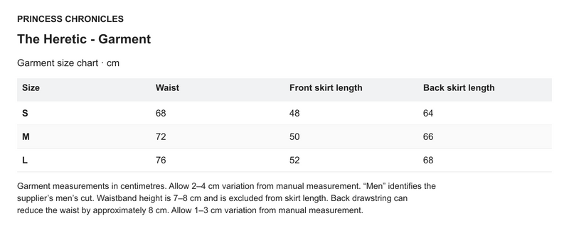 Princess Chronicles The Heretic - Garment - English garment measurements in centimetres