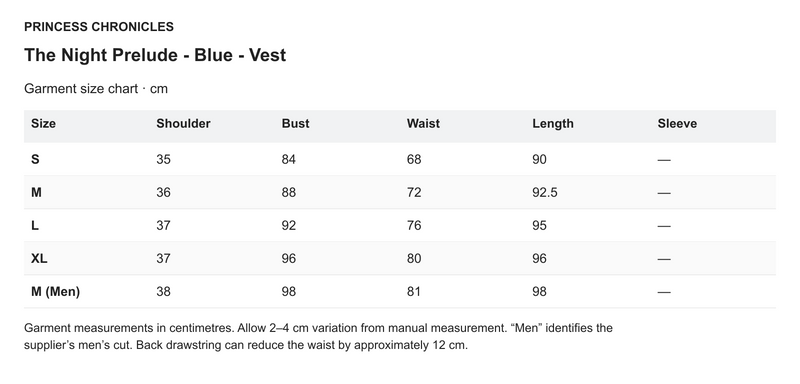 Princess Chronicles The Night Prelude - Blue - Vest - English garment measurements in centimetres