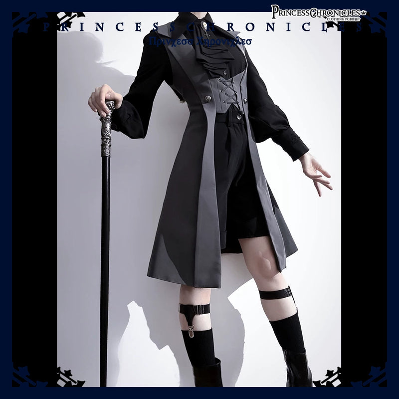 Princess Chronicles - The Night Prelude - Grey - Fitted Gothic Ouji Long Vest - styled outfit photograph 3