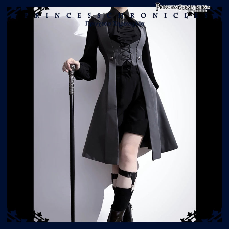 Princess Chronicles - The Night Prelude - Grey - Fitted Gothic Ouji Long Vest - styled outfit photograph 4
