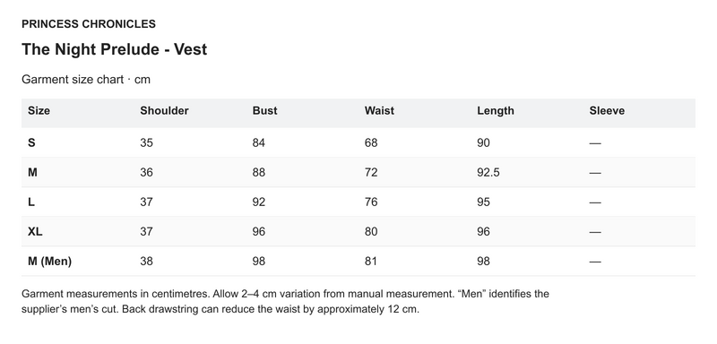 Princess Chronicles The Night Prelude - Vest - English garment measurements in centimetres