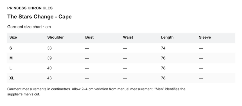 Princess Chronicles The Stars Change - Cape - English garment measurements in centimetres