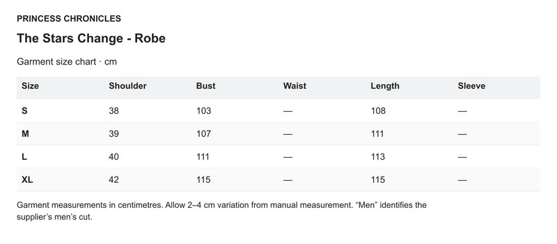 Princess Chronicles The Stars Change - Robe - English garment measurements in centimetres
