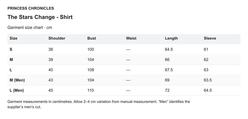 Princess Chronicles The Stars Change - Shirt - English garment measurements in centimetres