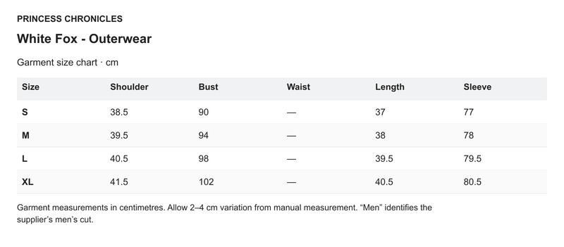 Princess Chronicles White Fox - Outerwear - English garment measurements in centimetres