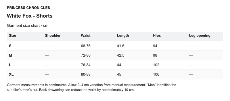 Princess Chronicles White Fox - Shorts - English garment measurements in centimetres