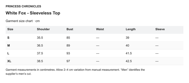 Princess Chronicles White Fox - Sleeveless Top - English garment measurements in centimetres