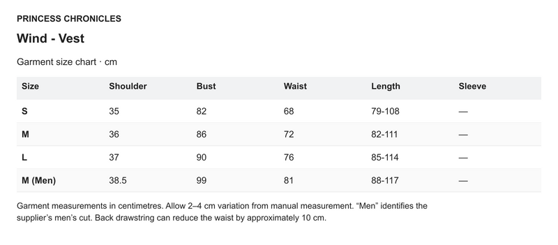 Princess Chronicles Wind - Vest - English garment measurements in centimetres