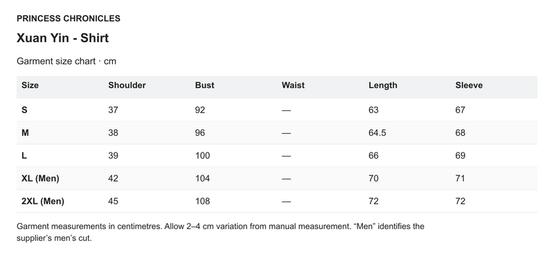 Princess Chronicles Xuan Yin - Shirt - English garment measurements in centimetres