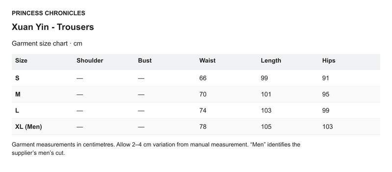 Princess Chronicles Xuan Yin - Trousers - English garment measurements in centimetres