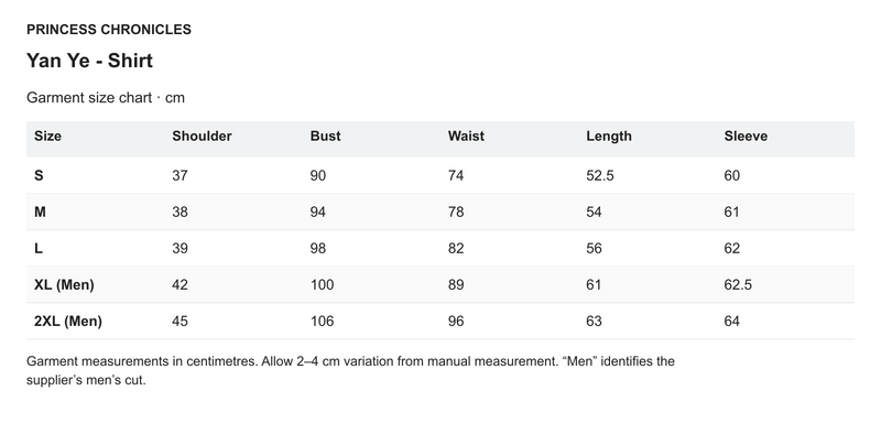Princess Chronicles Yan Ye - Shirt - English garment measurements in centimetres