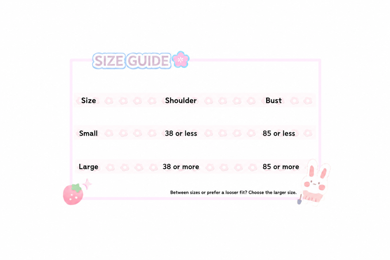 Senyao Lolita shawl size guide showing shoulder and bust size bands in English