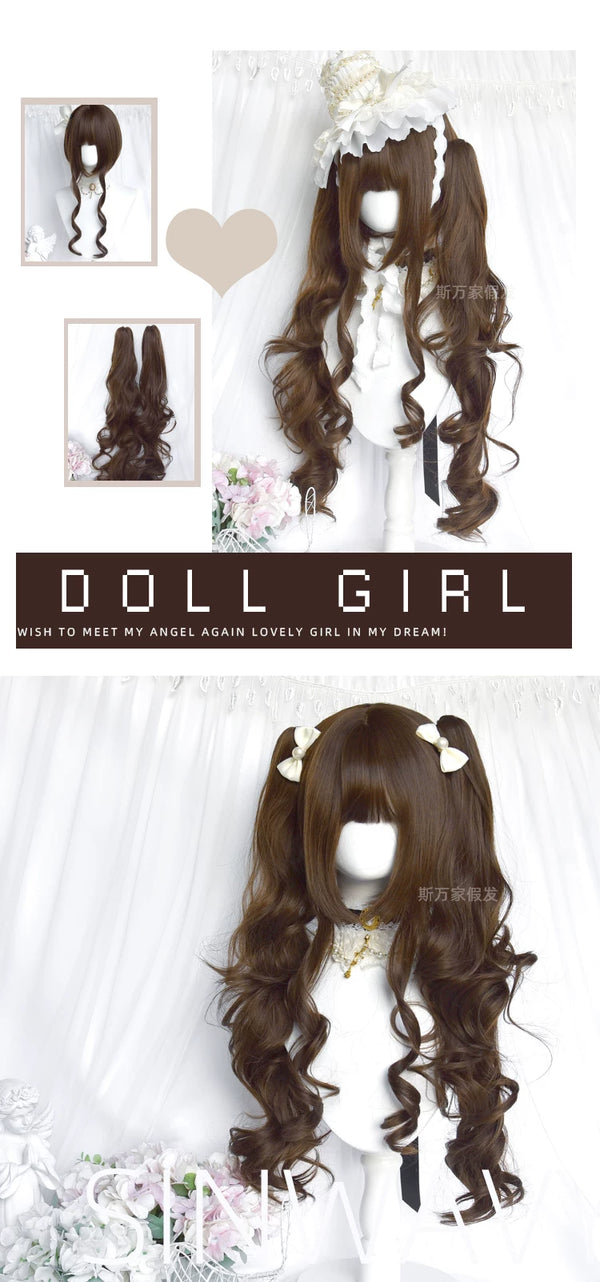 Sinwavy Doll Girl dark-brown long curly twin-tail wig, original full product and detail views