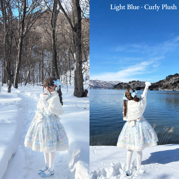 Light blue curly-plush Snow Country Fairytale JSK styled with a white cape, side and back views