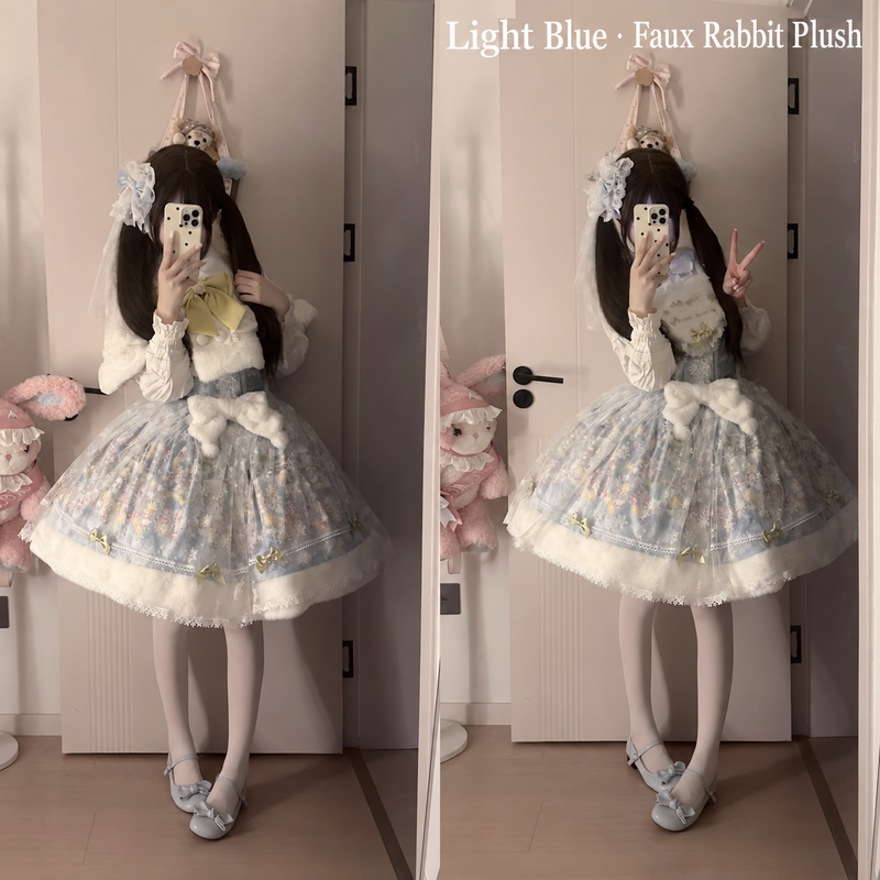 Light blue faux rabbit plush Snow Country Fairytale JSK with white cape styling
