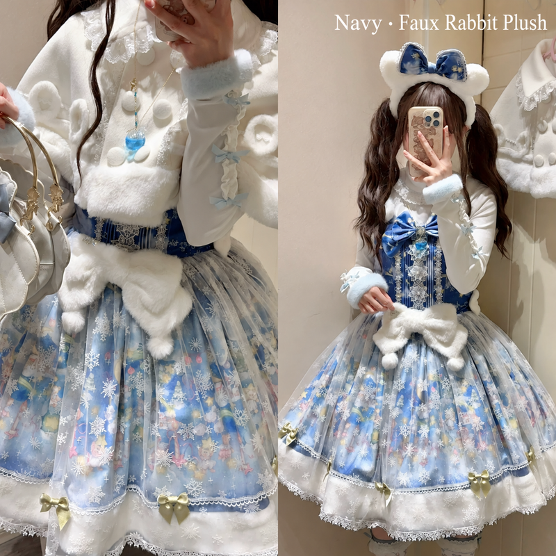 Navy faux rabbit plush Snow Country Fairytale JSK and cape styling details