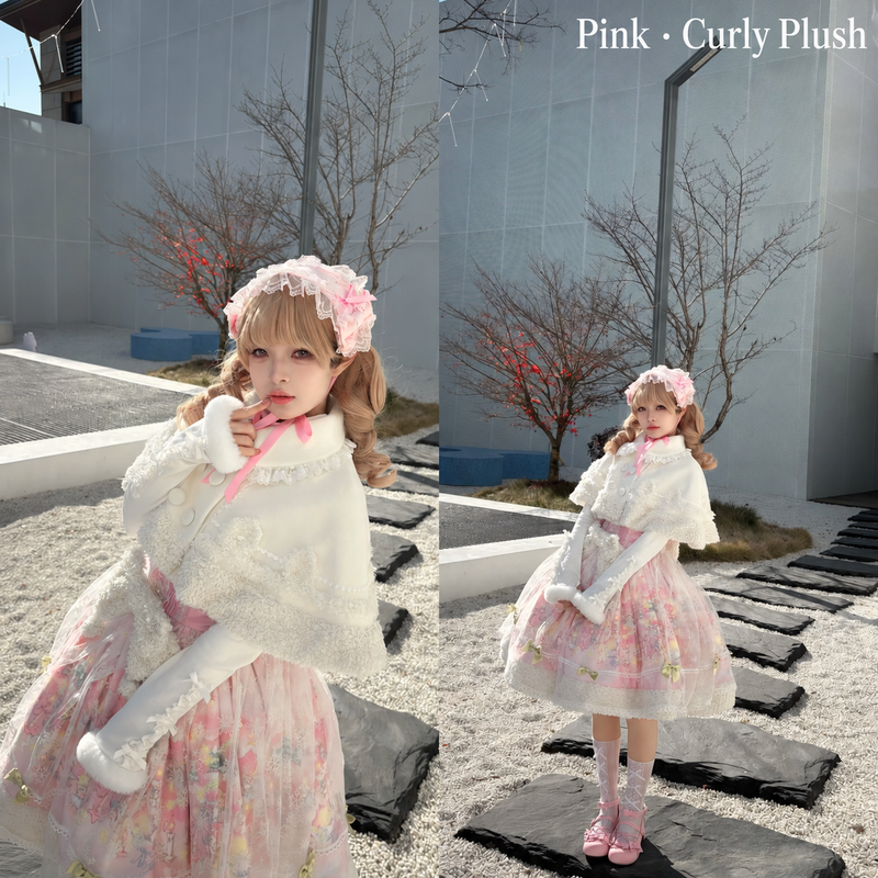 Pink curly-plush Snow Country Fairytale JSK with white cape styling