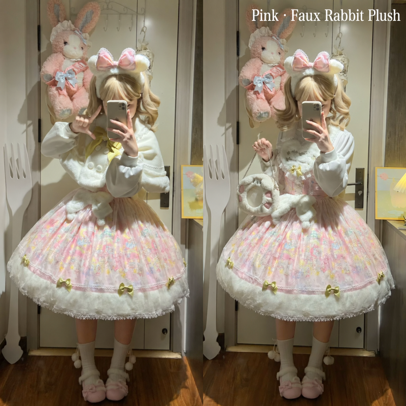 Pink faux rabbit plush Snow Country Fairytale JSK shown with and without cape