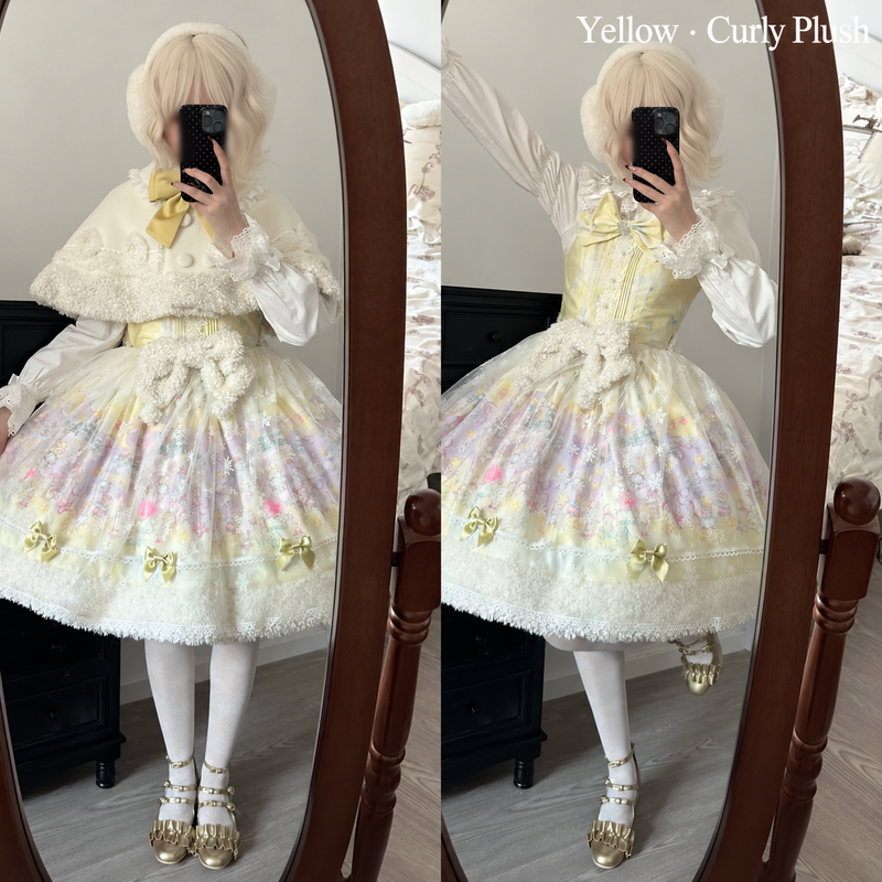 Yellow curly-plush Snow Country Fairytale JSK shown with and without the white cape