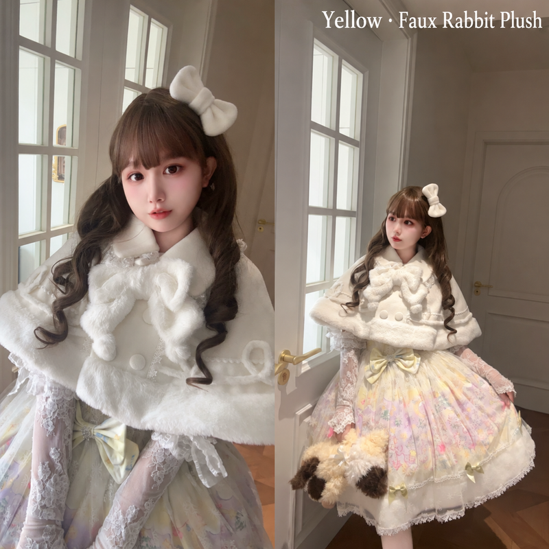 Yellow faux rabbit plush Snow Country Fairytale JSK with white cape and yellow bow