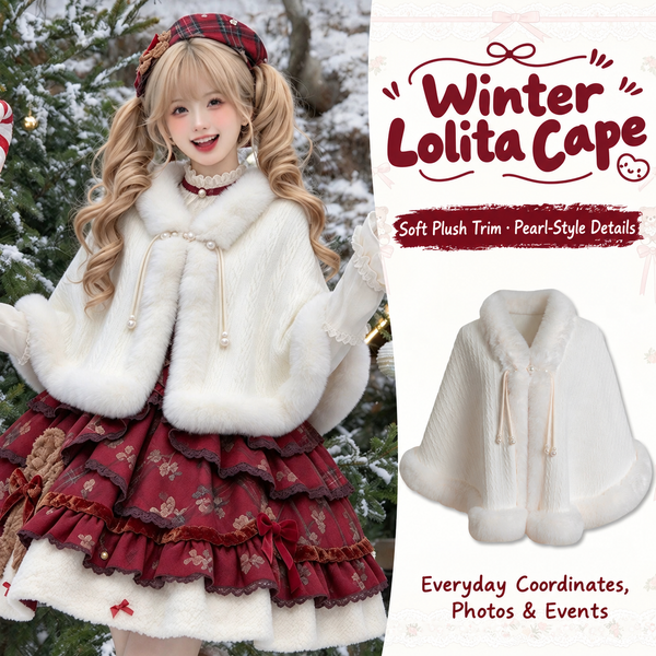 Snow White plush Lolita cape, worn styling and full standalone cape with pearl-style fastening