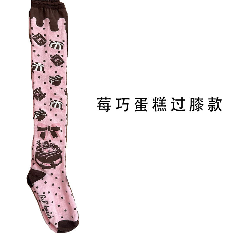 Milky Star Qiaoqiao - Qiaoqiao Cake - Dessert socks with chocolate cake and bow motifs — Berry chocolate cake - over-knee style / One Size — original supplier photograph