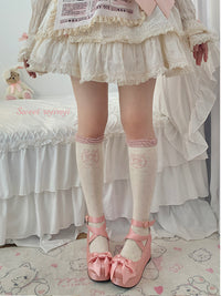 RojiRoji - Line Doll - Pure Cotton Socks with Doll Motifs and Ruched Cuffs - Pink calf socks, approx. 44 cm / Talla única