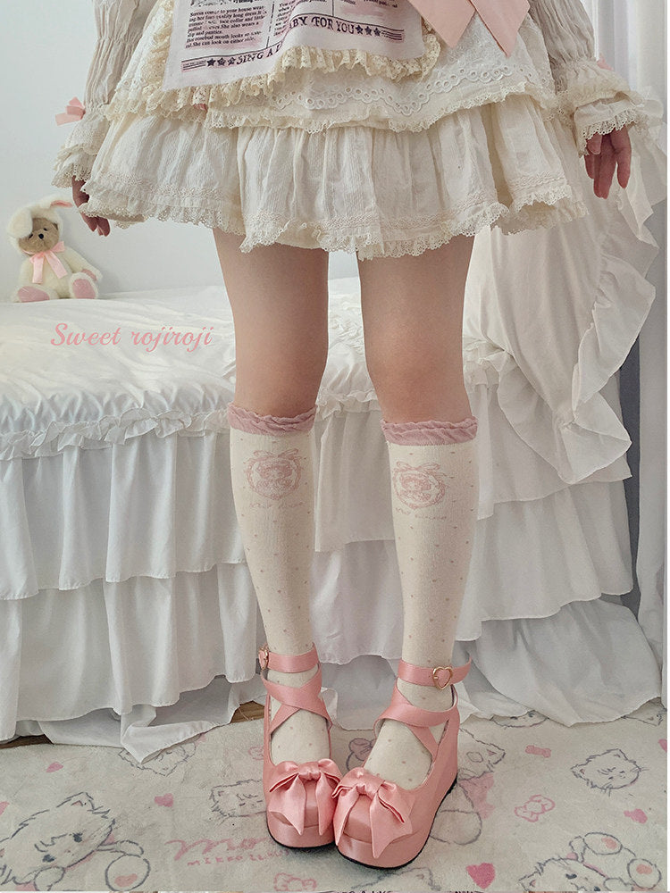 RojiRoji - Kawaii Cotton Lolita Socks Mid-calf - Socks — One Size / Pink calf socks / about 17.3" (44 cm) — original supplier photograph