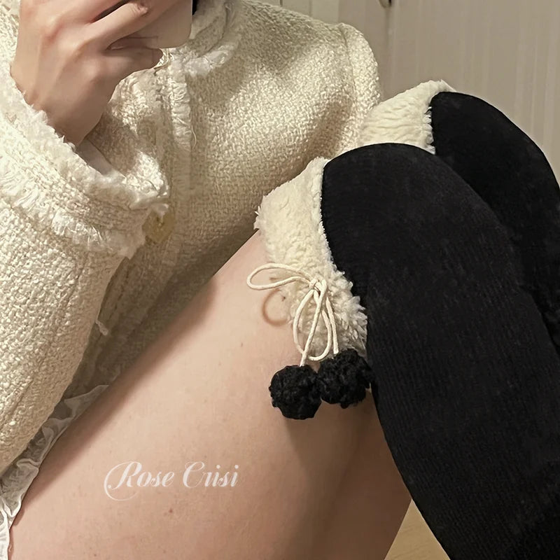 Black over-the-knee socks 60cm in stock / Handmade pom-pom; do not machine wash - original supplier photograph